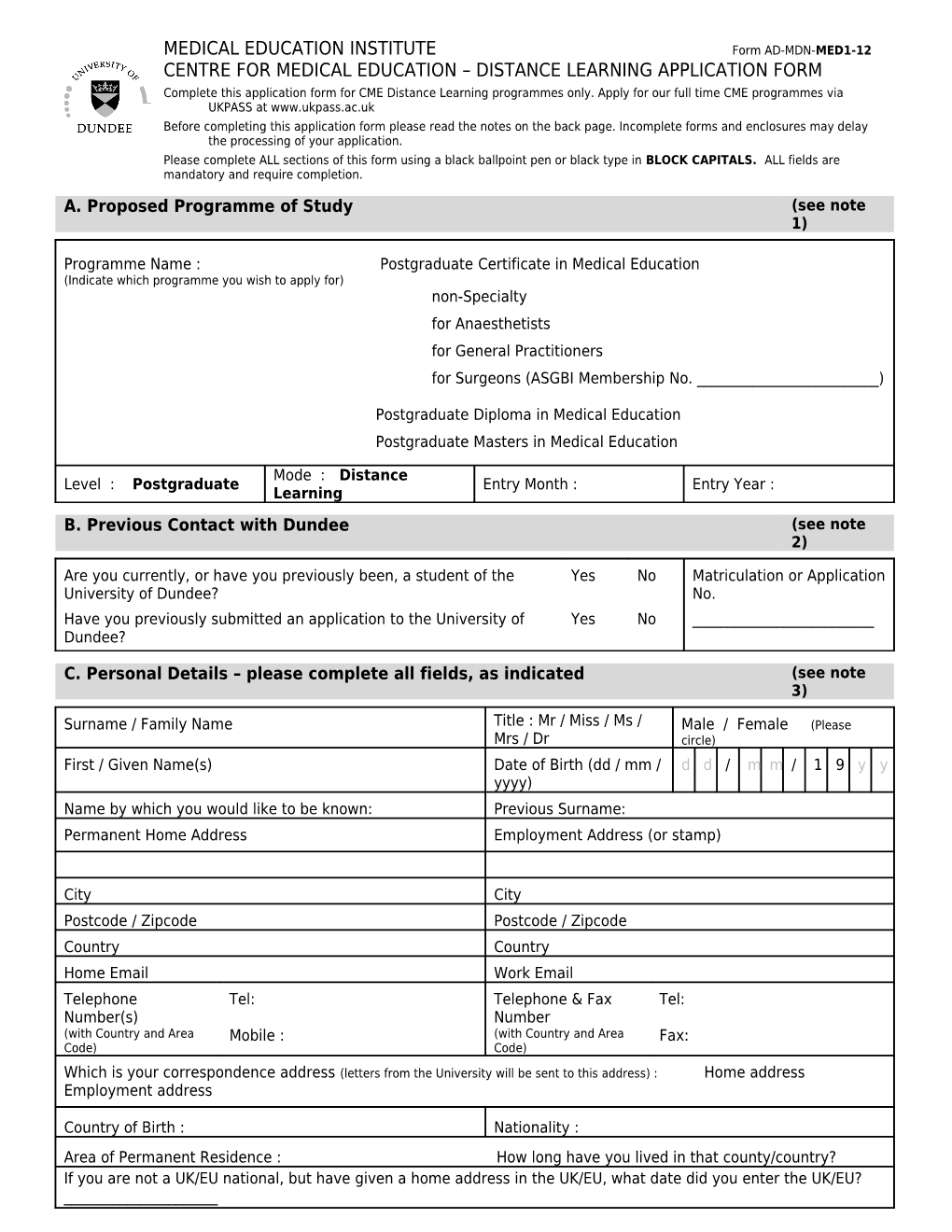 Centre for Medical Education Distance Learning Application Form