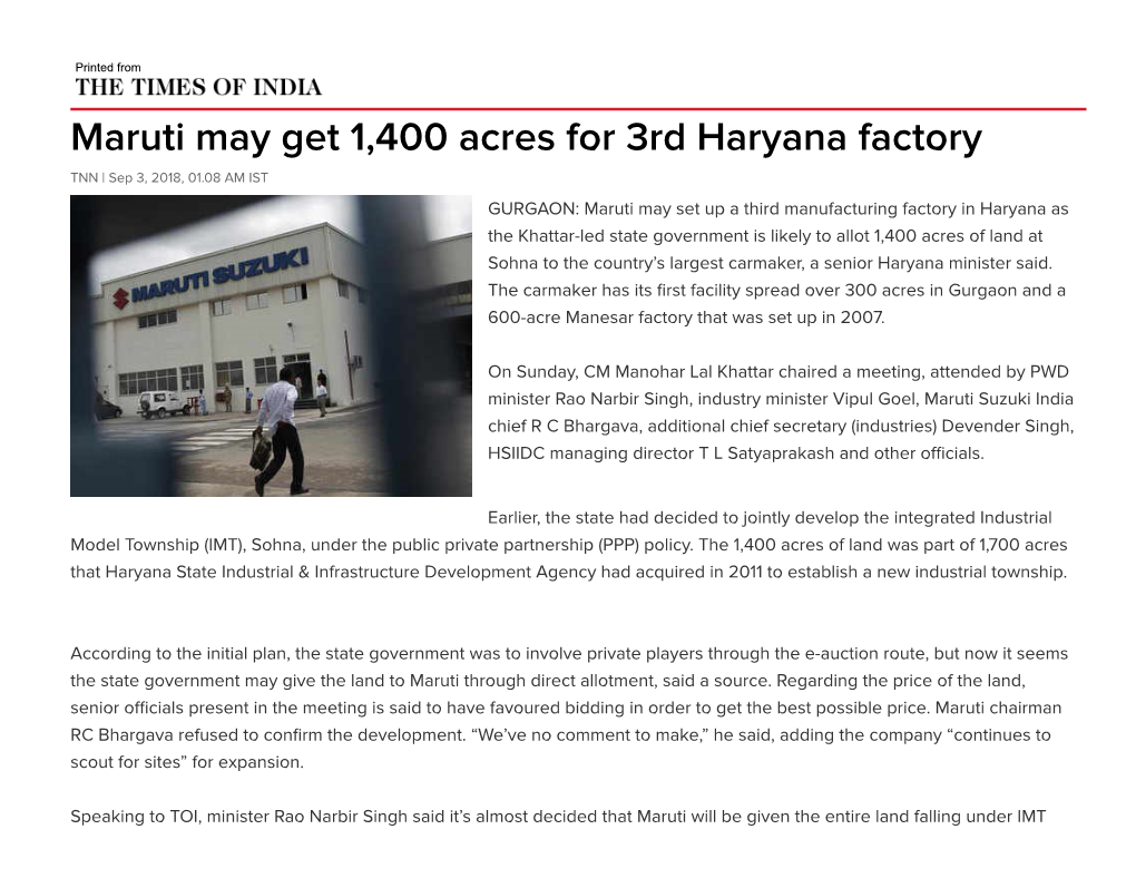 Maruti May Get 1,400 Acres for 3Rd Haryana Factory
