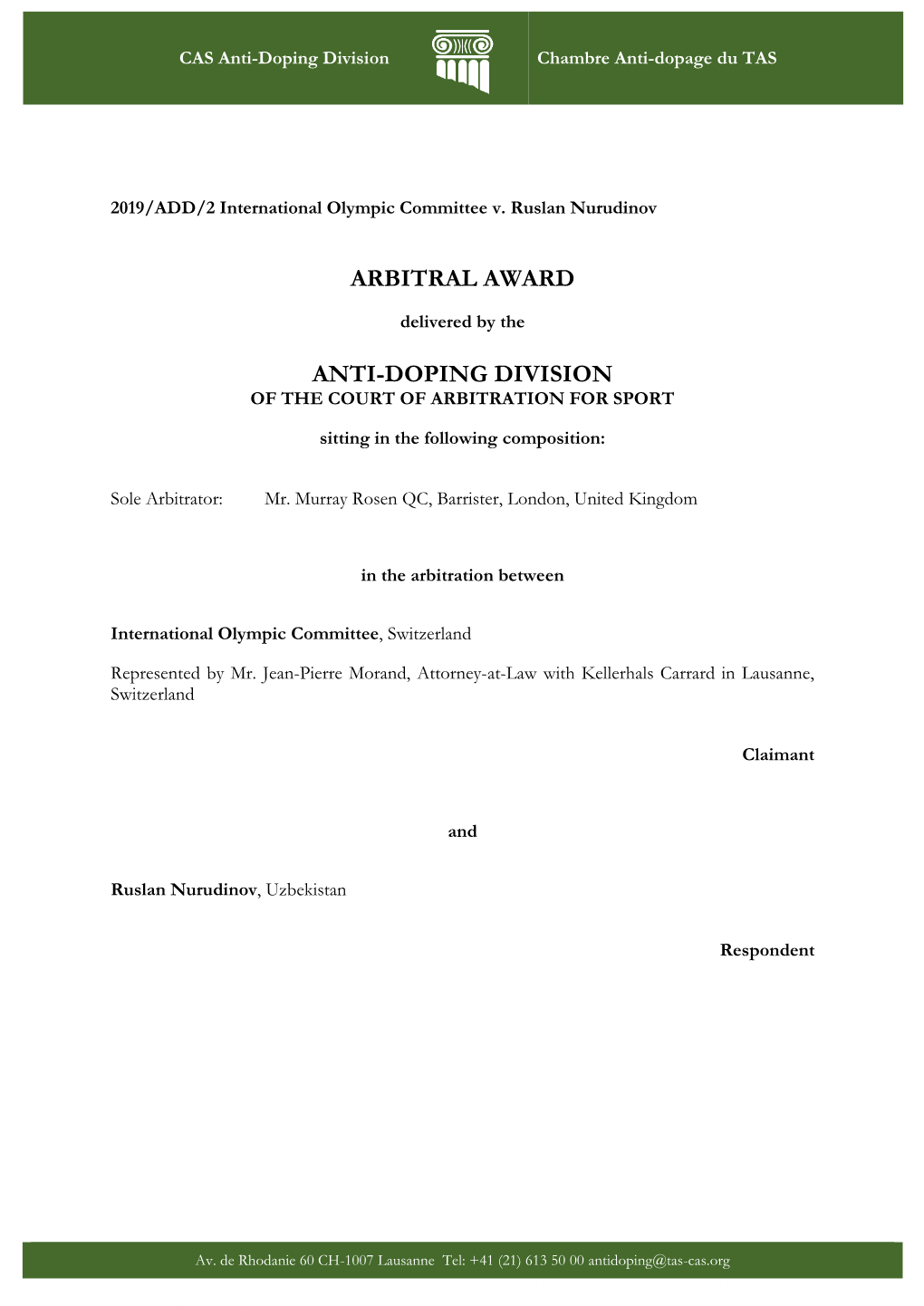 Arbitral Award Anti-Doping Division