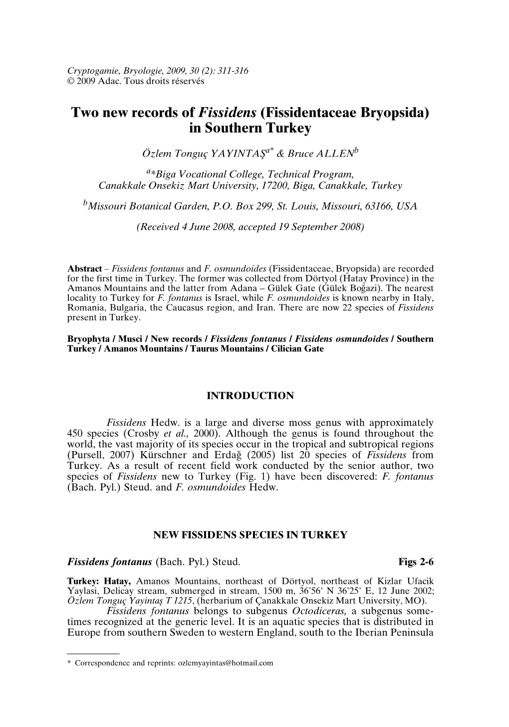 Two New Records of Fissidens (Fissidentaceae Bryopsida) in Southern Turkey