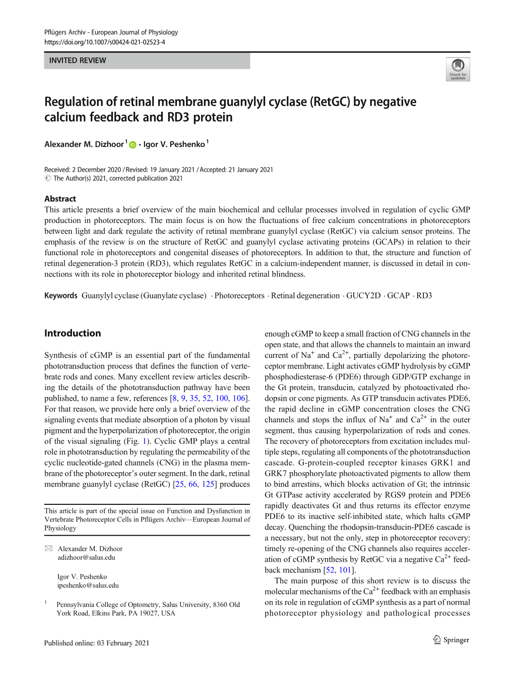 Regulation of Retinal Membrane Guanylyl Cyclase (Retgc) by Negative Calcium Feedback and RD3 Protein