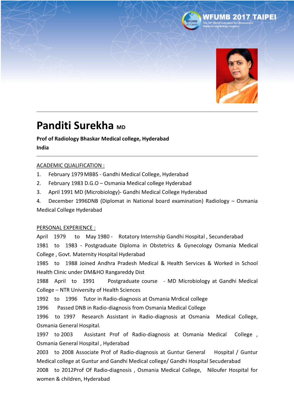 Panditi Surekha MD Prof of Radiology Bhaskar Medical College, Hyderabad India