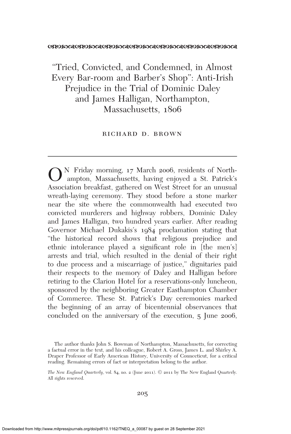 Anti-Irish Prejudice in the Trial of Dominic Daley and James Halligan, Northampton, Massachusetts, 1806