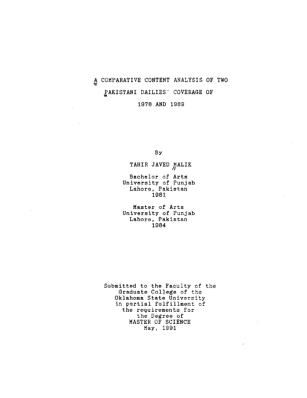 Comparative Content Analysis of Two =Pakistani Dailies' Coverage of 1978 and 1989