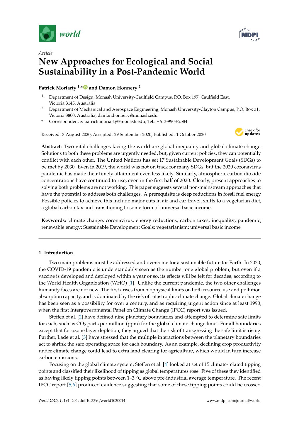 New Approaches for Ecological and Social Sustainability in a Post-Pandemic World