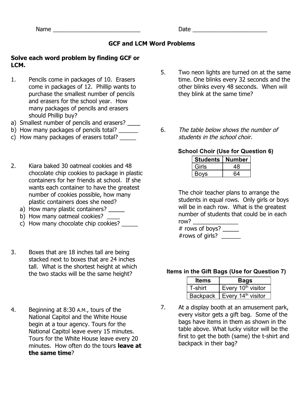 Word Problems Involving Greatest Common Factor and Least Common Multiple