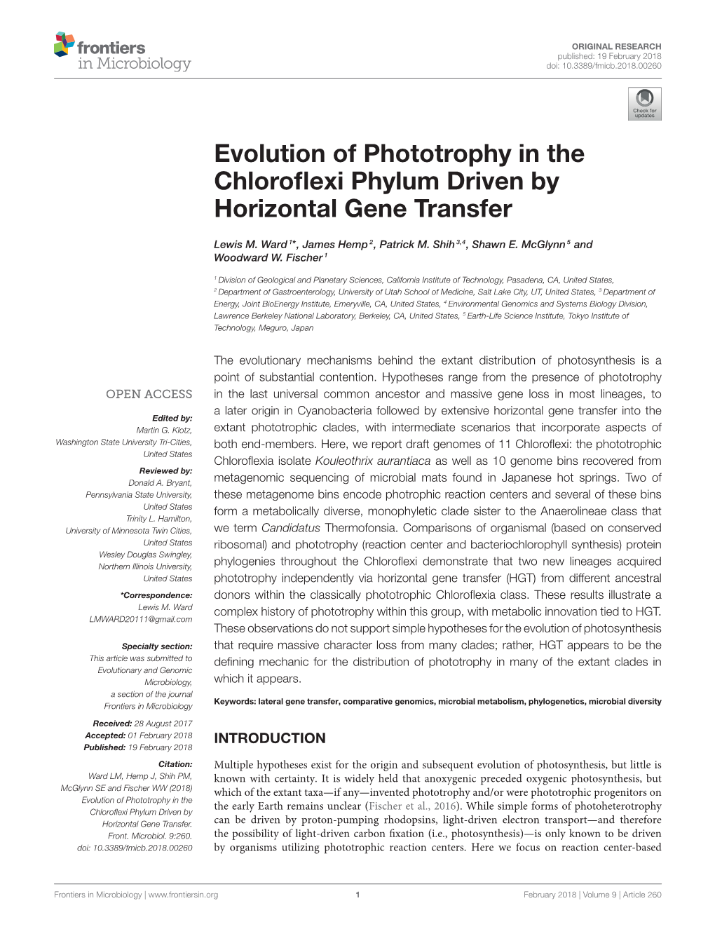 Evolution of Phototrophy in the Chloroflexi Phylum Driven By