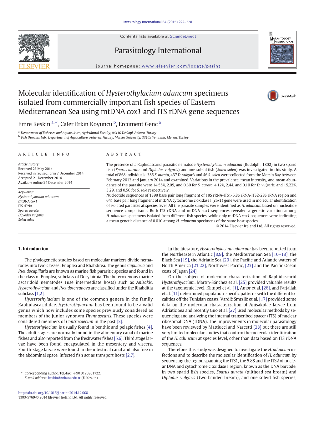 Molecular Identification of Hysterothylacium Aduncum