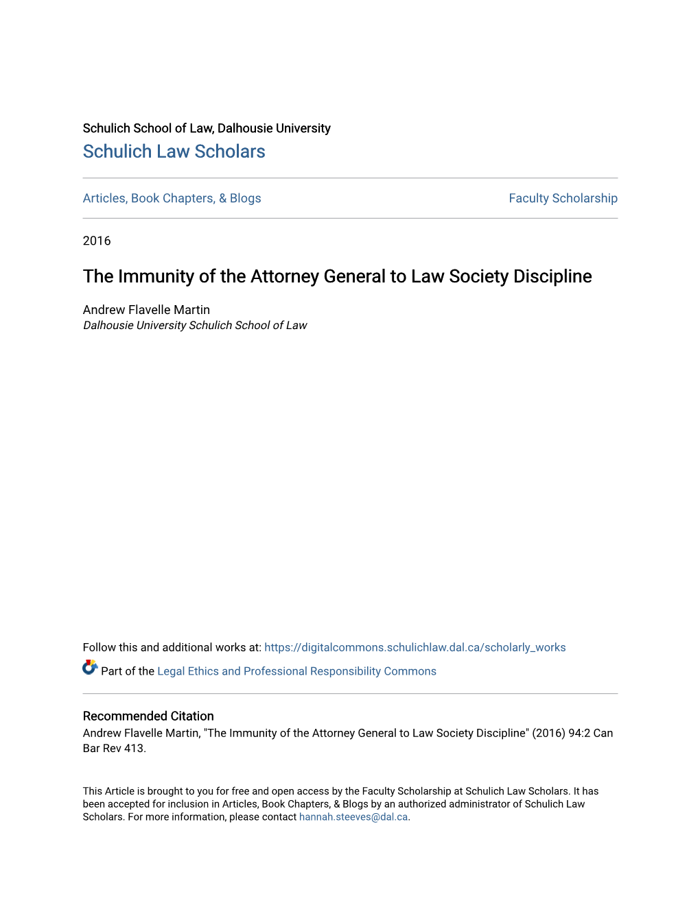 The Immunity of the Attorney General to Law Society Discipline