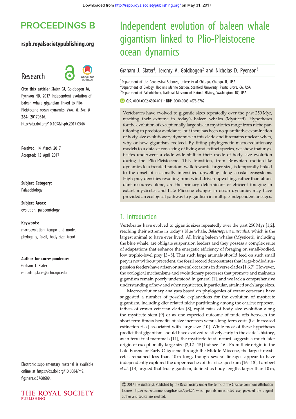 Independent Evolution of Baleen Whale Gigantism Linked to Plio- GJS, 0000-0002-6306-0911; NDP, 0000-0003-4678-5782 Pleistocene Ocean Dynamics