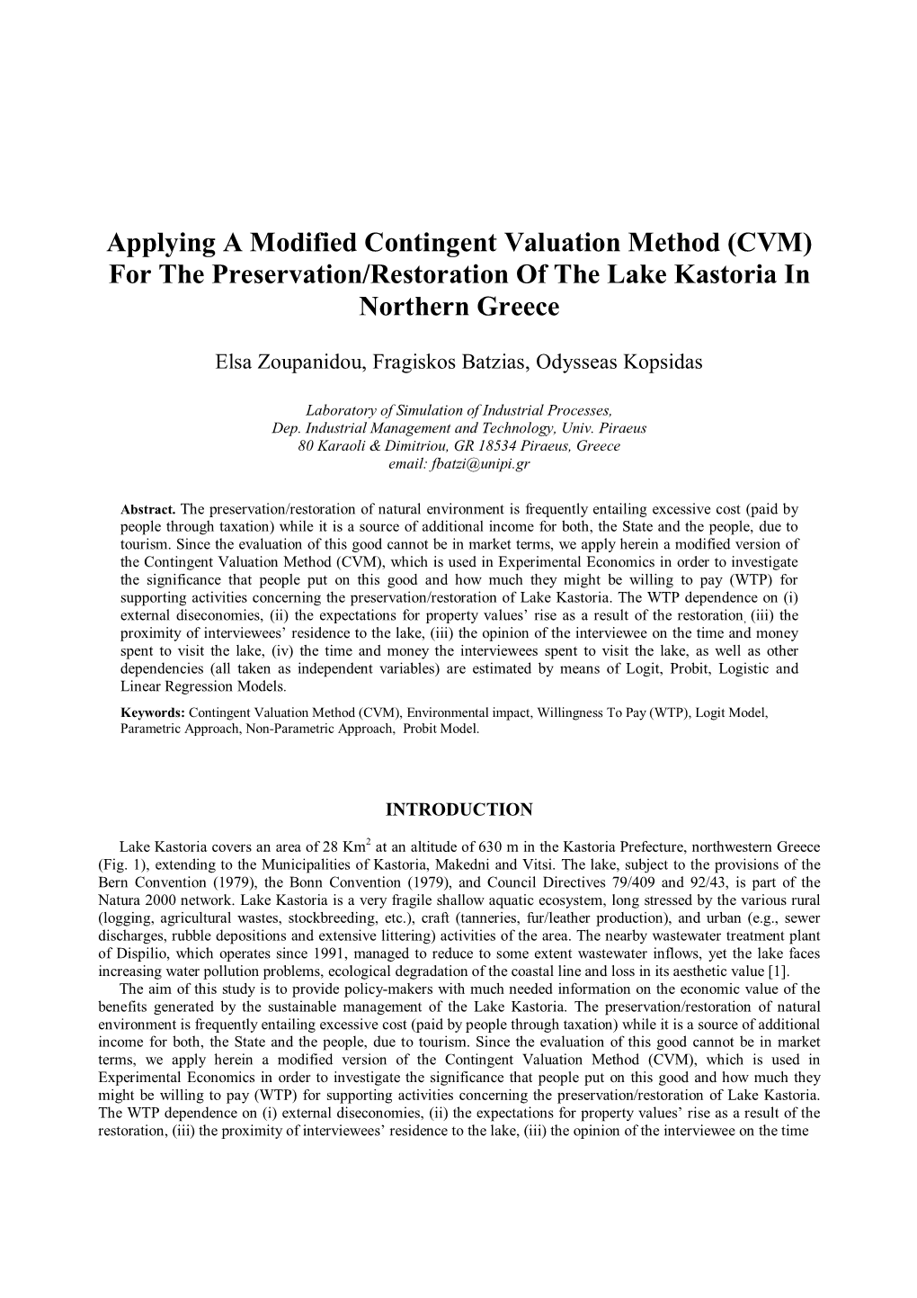 Applying a Modified Contingent Valuation Method (CVM) for the Preservation/Restoration of the Lake Kastoria in Northern Greece