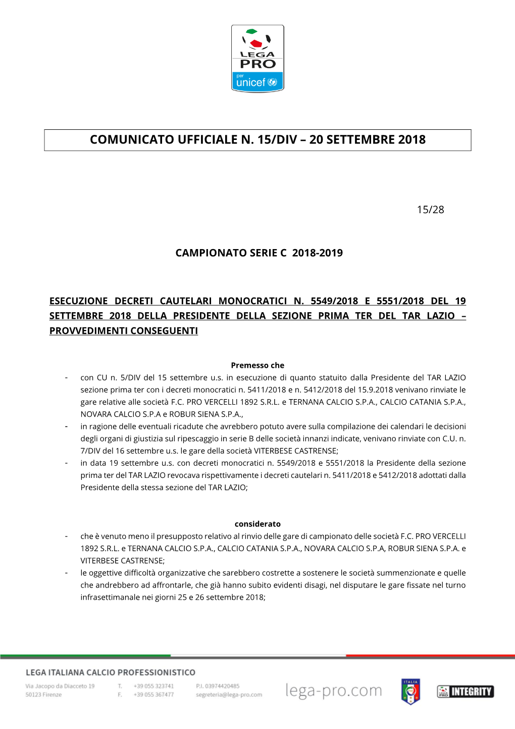 Comunicato Ufficiale N. 15/Div – 20 Settembre 2018