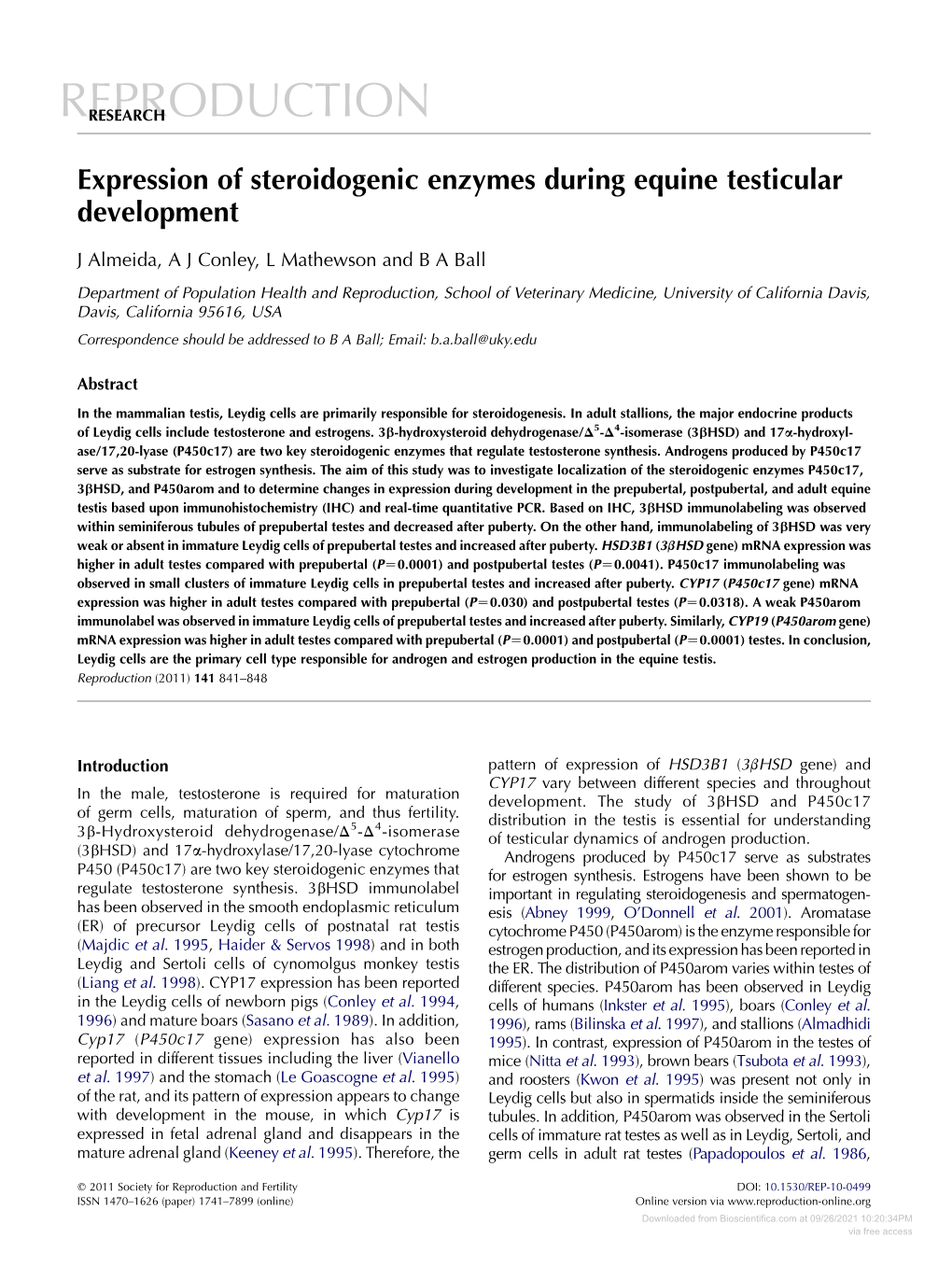 Expression of Steroidogenic Enzymes During Equine Testicular Development