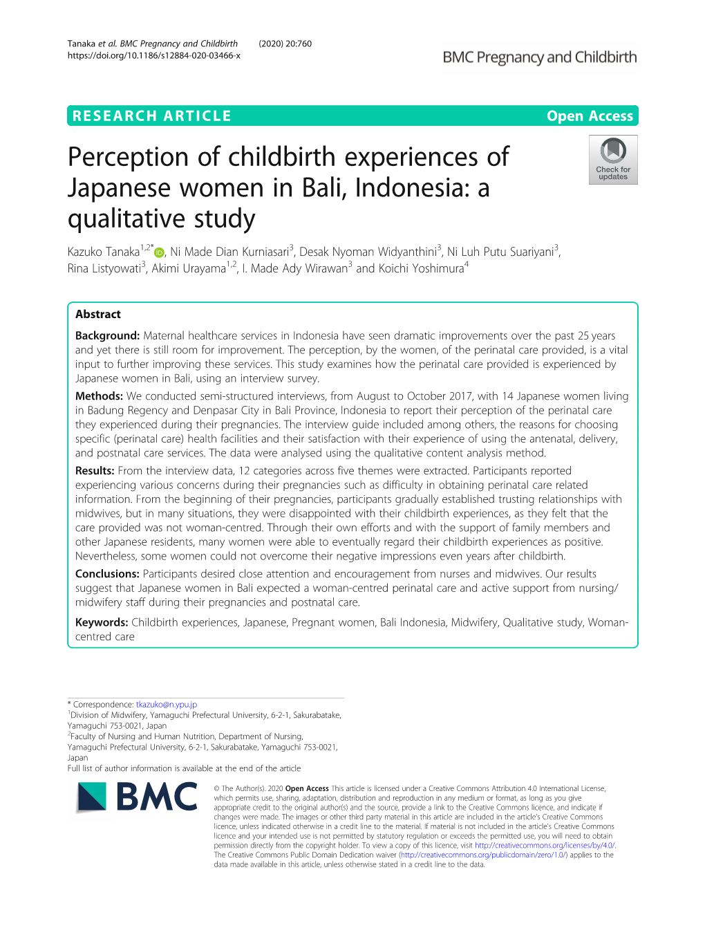 Perception of Childbirth Experiences of Japanese Women in Bali, Indonesia