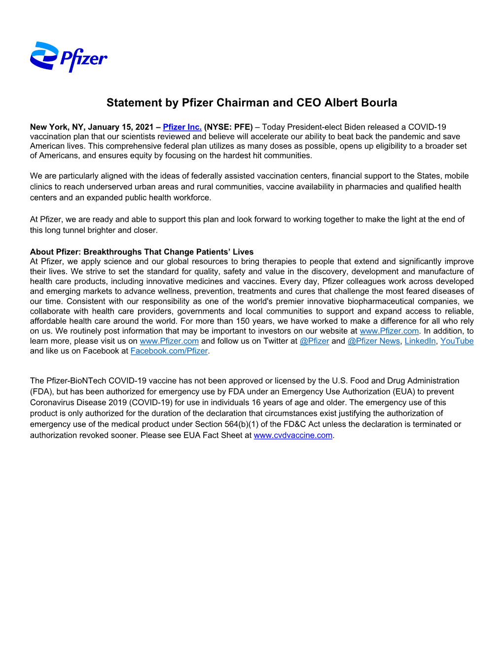 Statement by Pfizer Chairman and CEO Albert Bourla