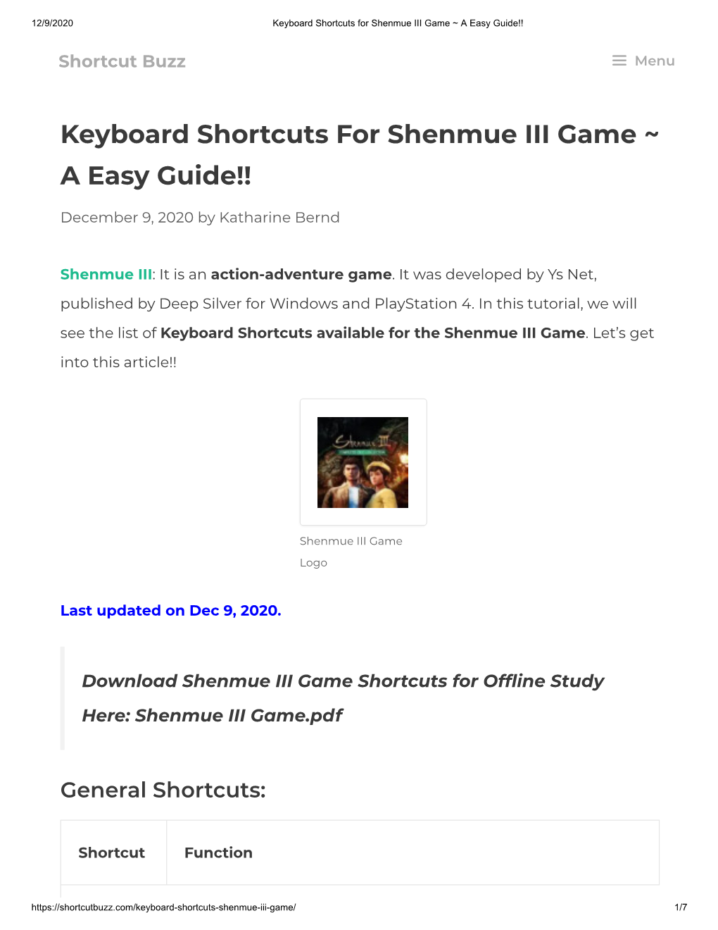 Keyboard Shortcuts for Shenmue III Game ~ a Easy Guide!!