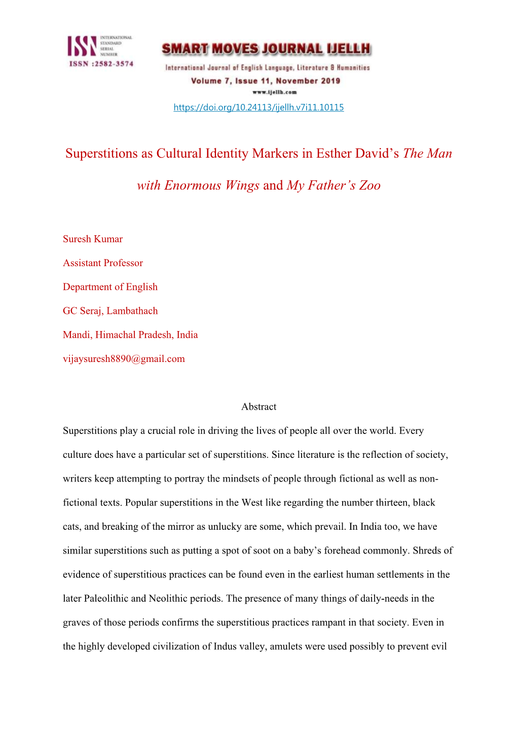 Superstitions As Cultural Identity Markers in Esther David's the Man with Enormous Wings and My Father's