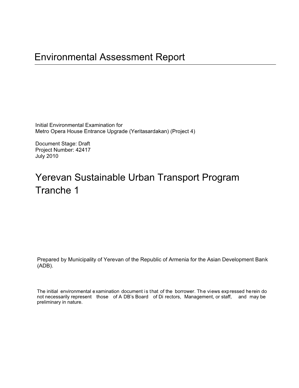 Yerevan Sustainable Urban Transport Program Tranche 1 Environmental