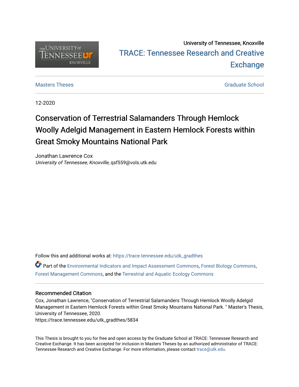 Conservation of Terrestrial Salamanders Through Hemlock Woolly Adelgid Management in Eastern Hemlock Forests Within Great Smoky Mountains National Park