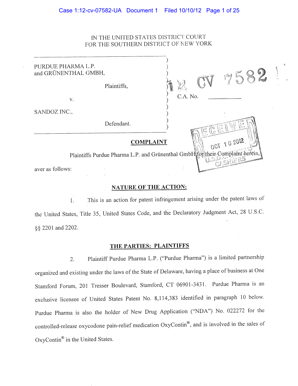 Case 1:12-Cv-07582-UA Document 1 Filed 10/10/12