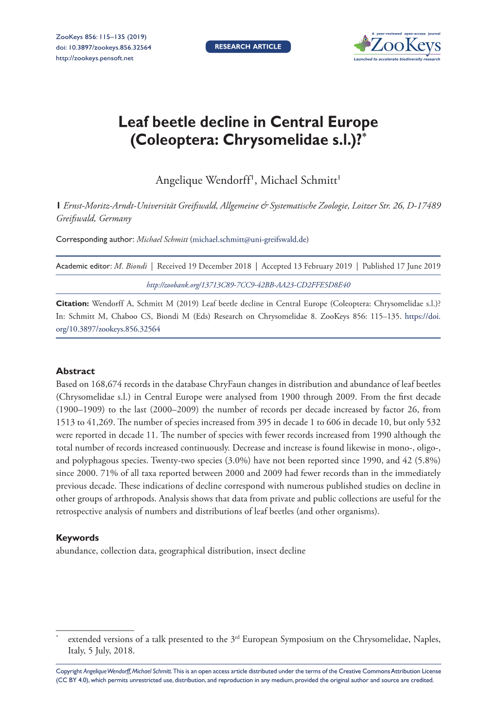 Leaf Beetle Decline in Central Europe (Coleoptera: Chrysomelidae S.L.)?*