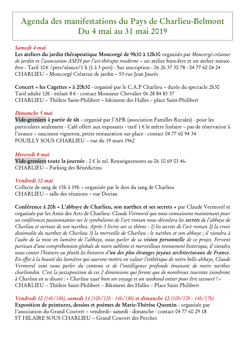 Agenda Des Manifestations Du Pays De Charlieu-Belmont Du 4 Mai Au 31 Mai 2019