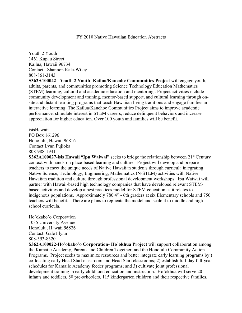 FY 2010 Native Hawaiian Education Abstracts