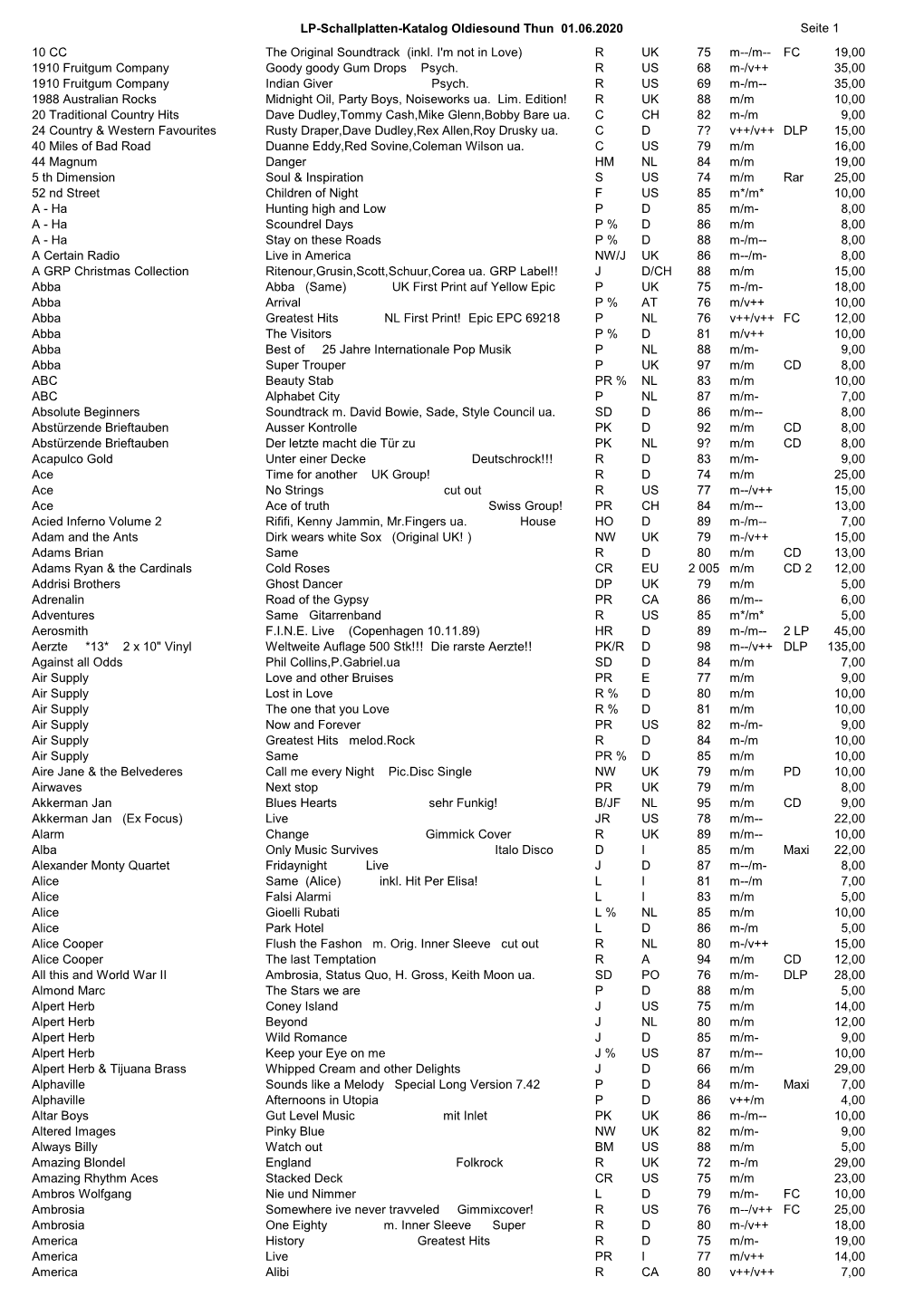 LP-Schallplatten-Katalog Oldiesound Thun 01.06.2020 Seite 1 10 CC the Original Soundtrack (Inkl