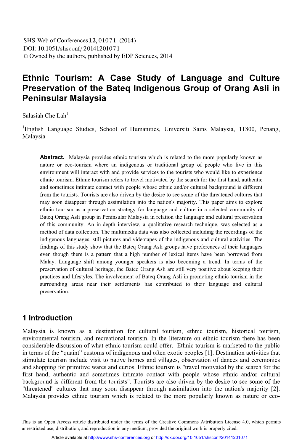 Ethnic Tourism: a Case Study of Language and Culture Preservation of the Bateq Indigenous Group of Orang Asli in Peninsular Malaysia