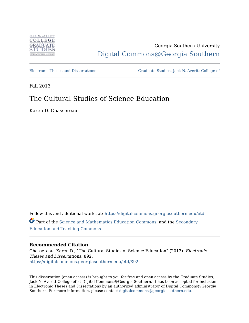 The Cultural Studies of Science Education