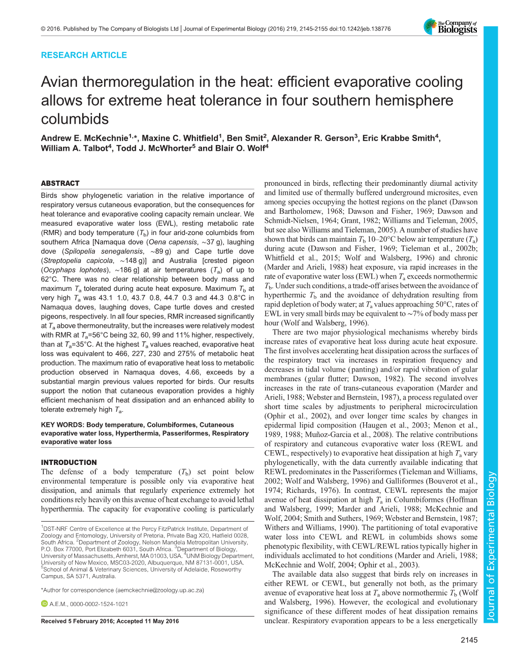 Efficient Evaporative Cooling Allows for Extreme Heat Tolerance in Four Southern Hemisphere Columbids Andrew E