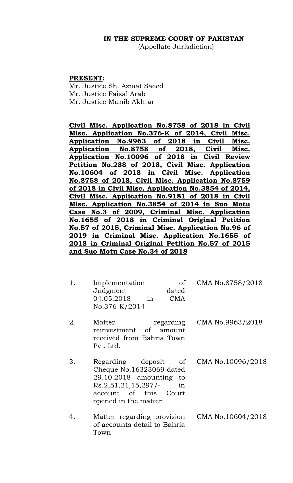 IN the SUPREME COURT of PAKISTAN (Appellate Jurisdiction) PRESENT: Mr. Justice Sh. Azmat Saeed Mr. Justice Faisal Arab Mr. Justi