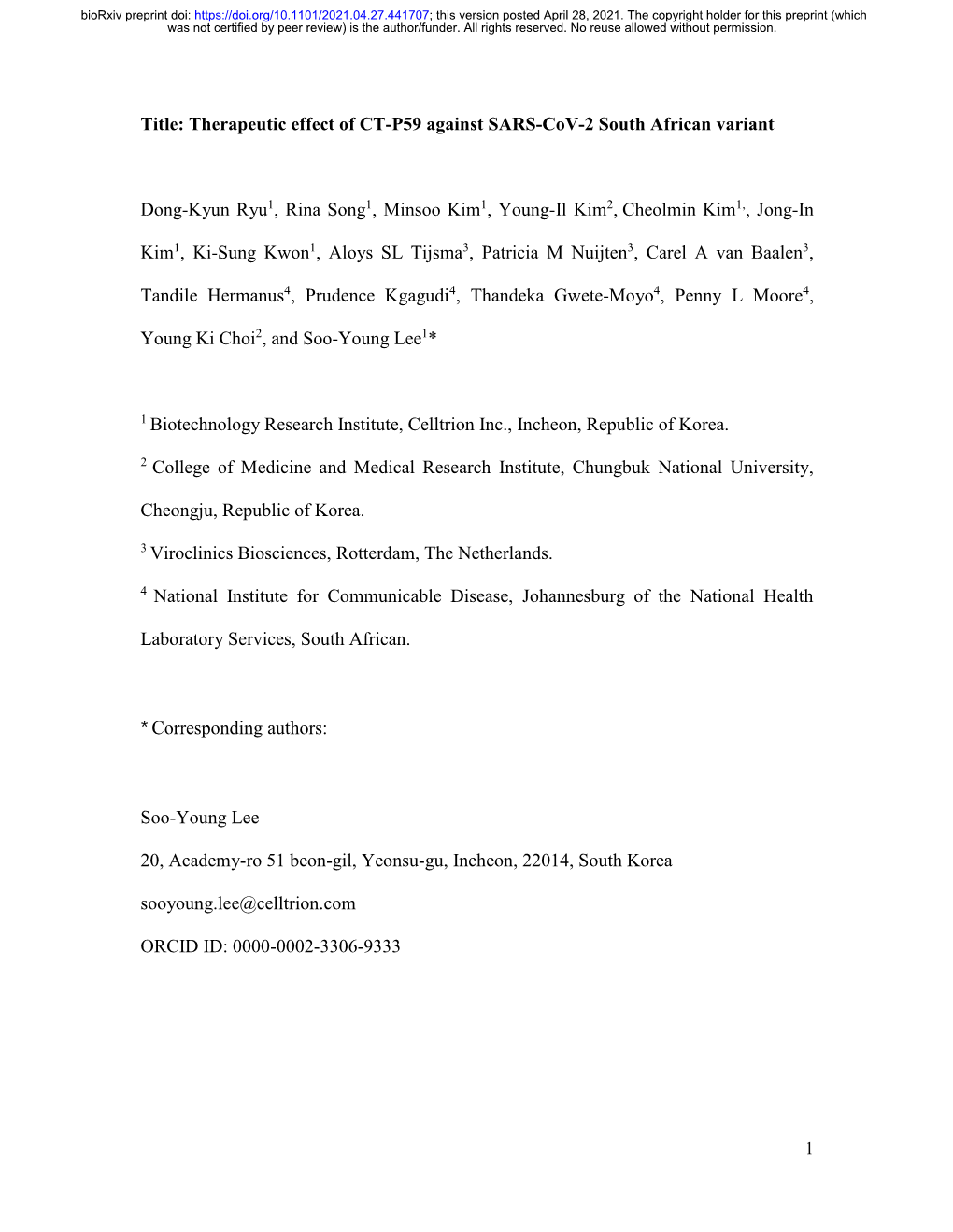 Therapeutic Effect of CT-P59 Against SARS-Cov-2 South African Variant