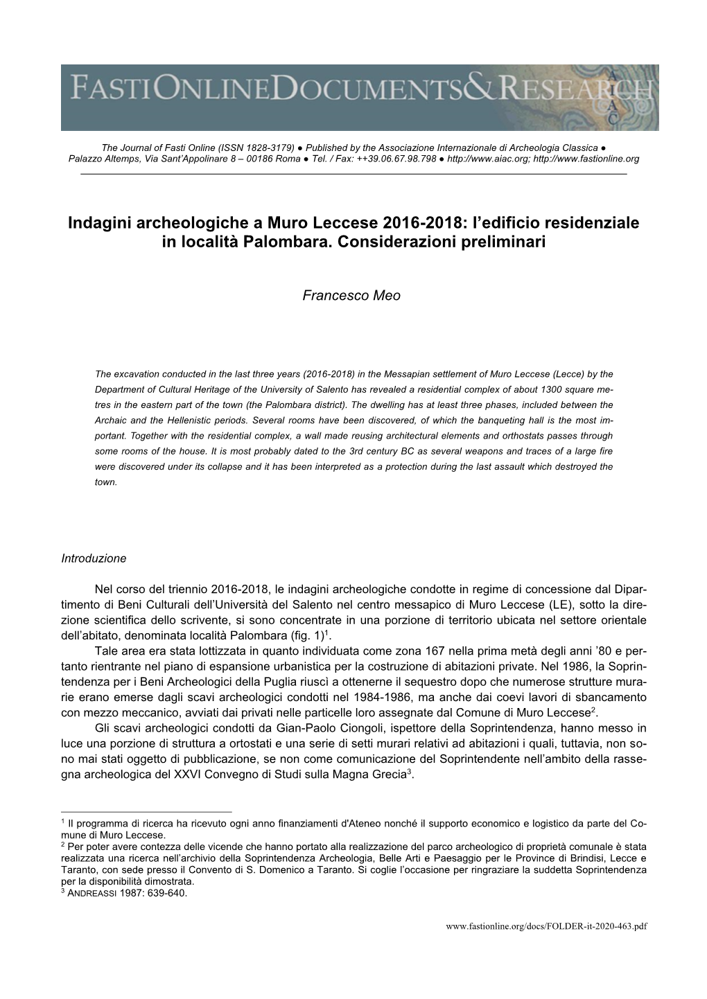 Indagini Archeologiche a Muro Leccese 2016-2018: L’Edificio Residenziale in Località Palombara