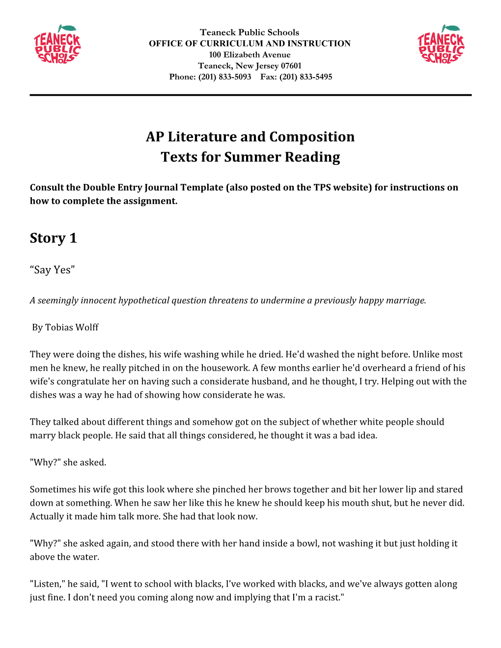 AP Literature and Composition Texts for Summer Reading Story 1