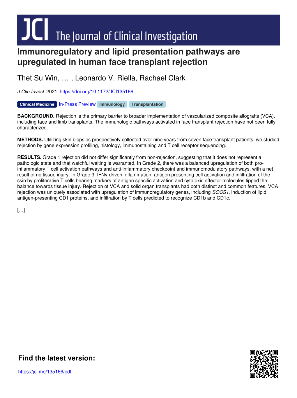 Immunoregulatory and Lipid Presentation Pathways Are Upregulated in Human Face Transplant Rejection
