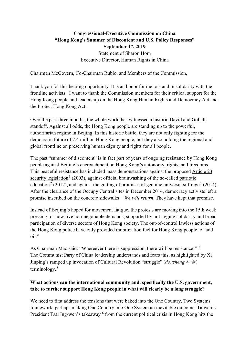 Congressional-Executive Commission on China “Hong Kong's Summer Of