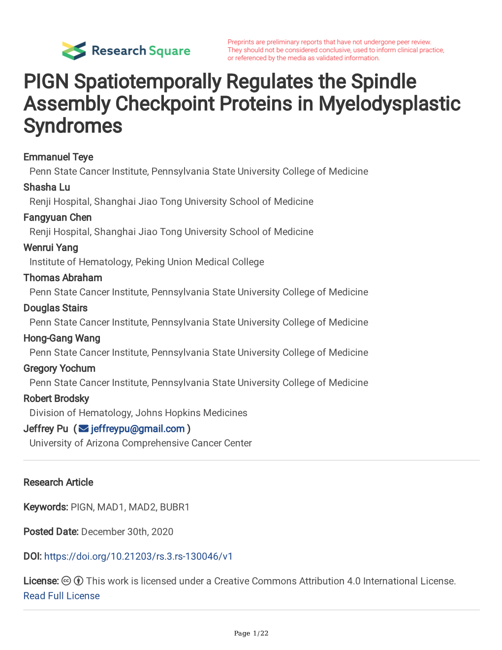 PIGN Spatiotemporally Regulates the Spindle Assembly Checkpoint Proteins in Myelodysplastic Syndromes