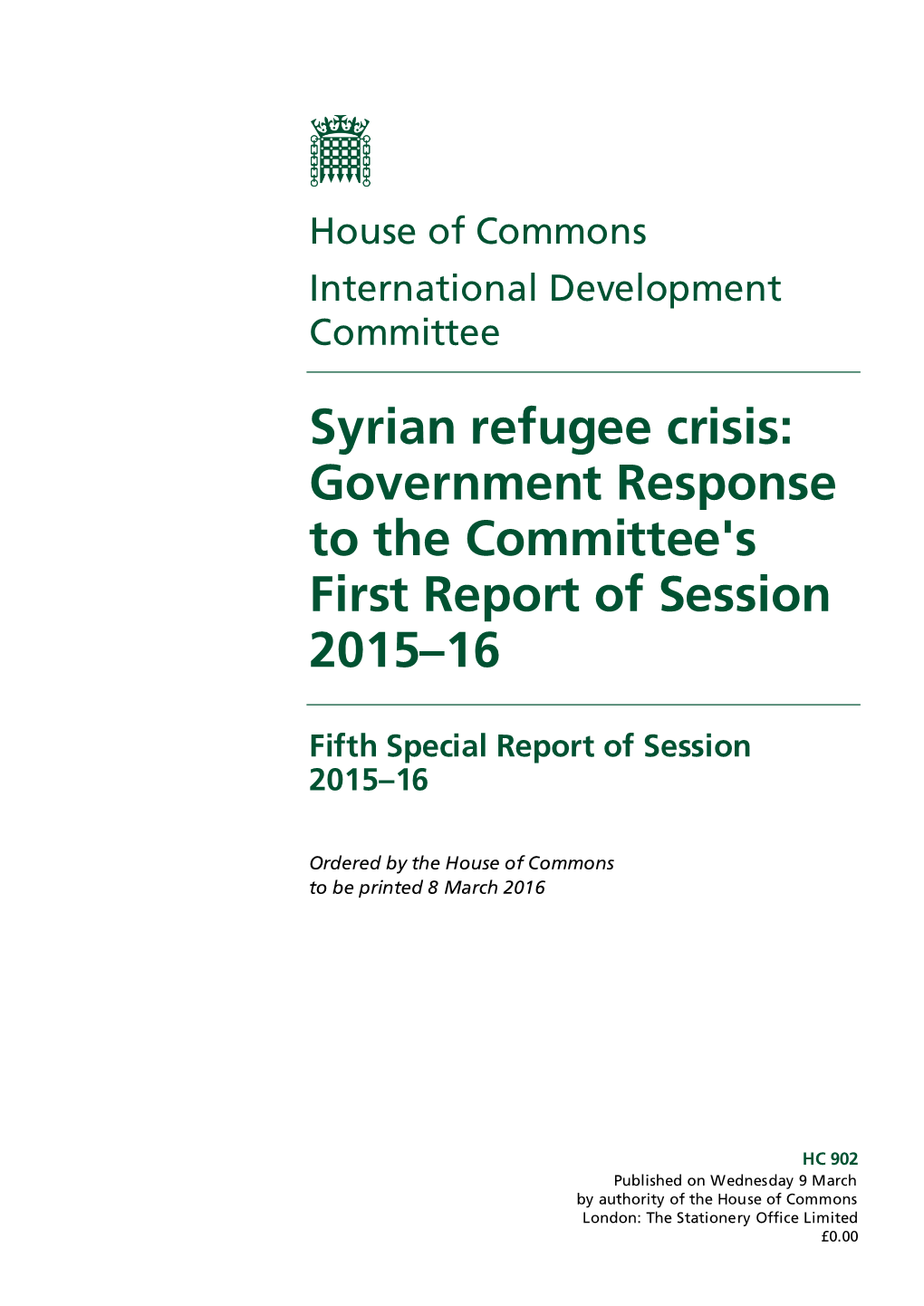 Syrian Refugee Crisis: Government Response to the Committee's First Report of Session 2015–16