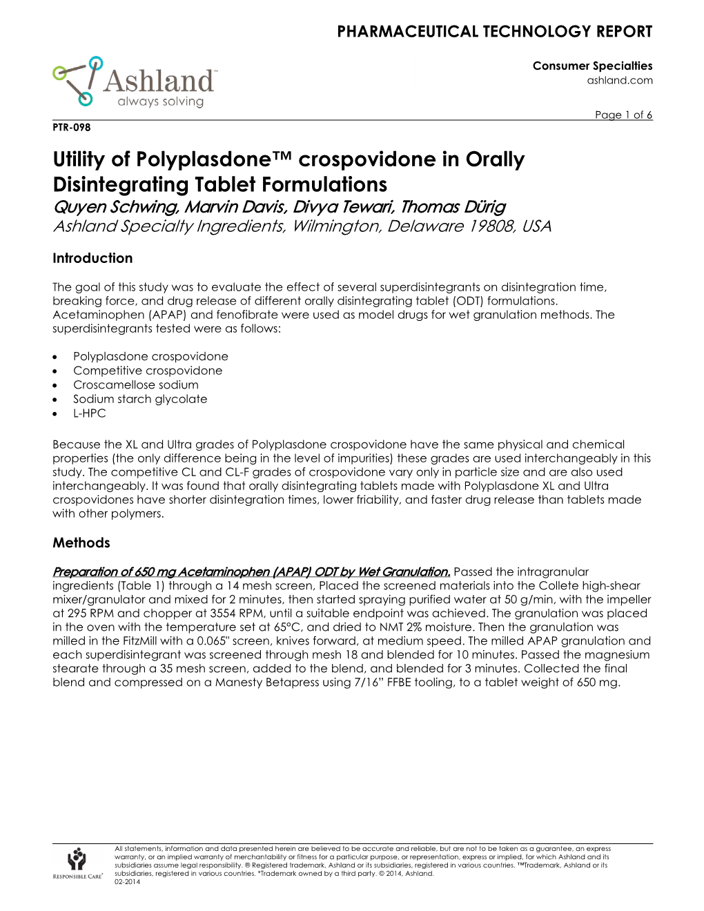 Utility of Polyplasdone™ Crospovidone in Orally