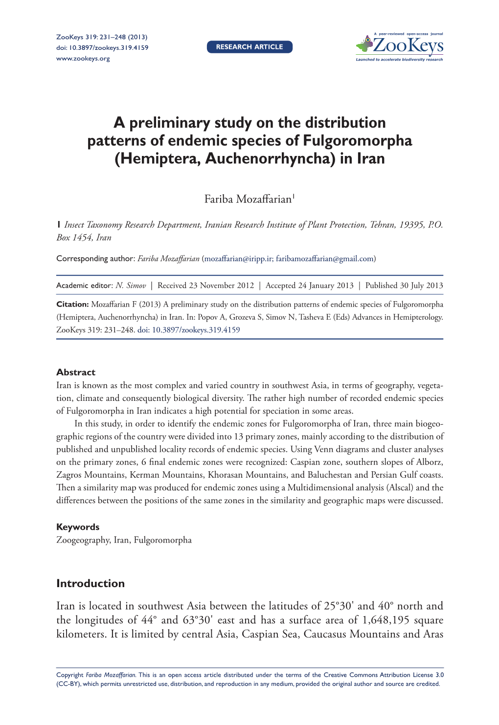 A Preliminary Study on the Distribution Patterns of Endemic Species of Fulgoromorpha (Hemiptera, Auchenorrhyncha) in Iran