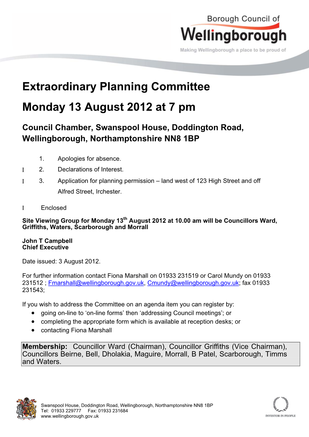 Extraordinary Planning Committee Monday 13 August 2012 at 7 Pm