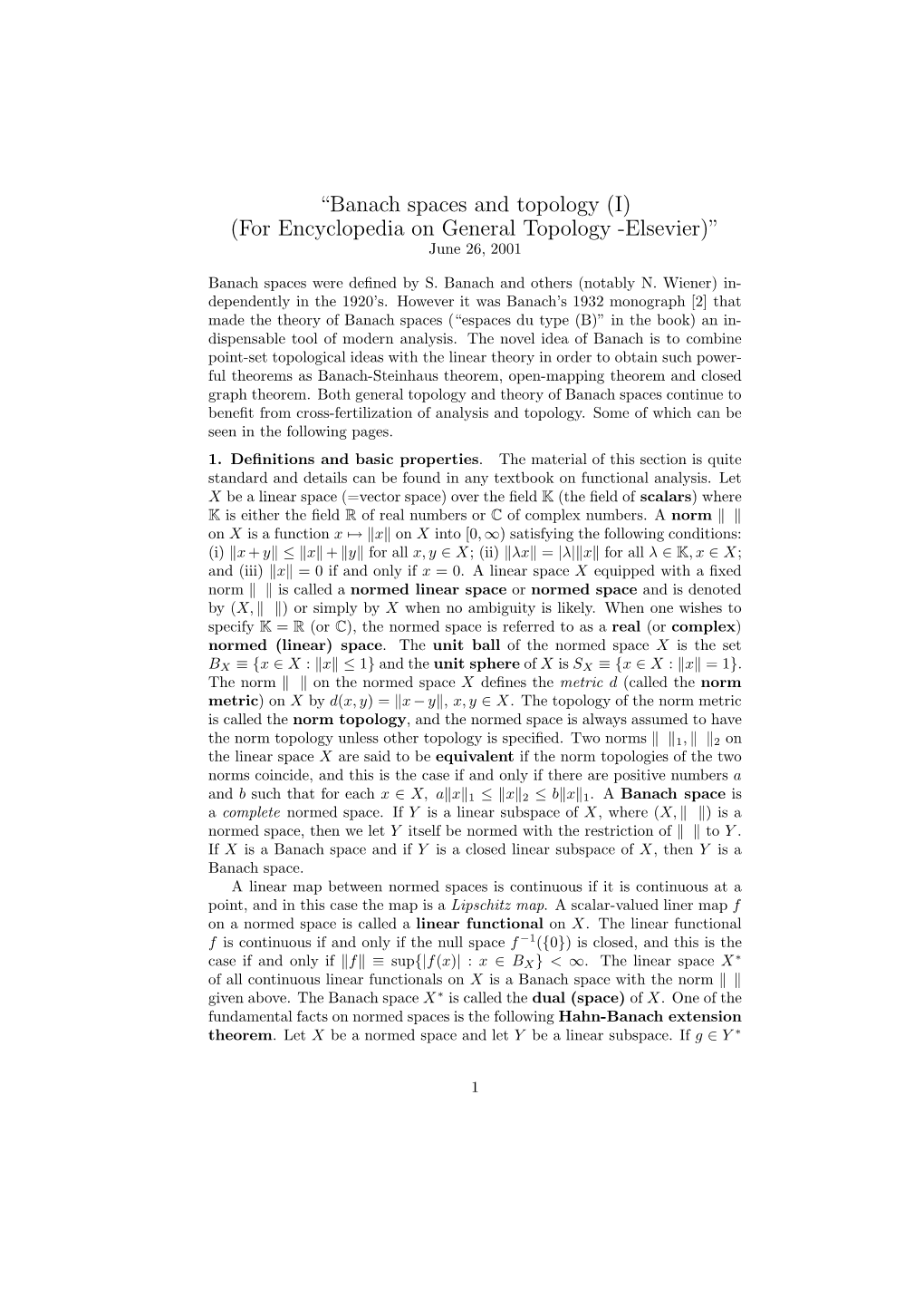 “Banach Spaces and Topology (I) (For Encyclopedia on General Topology -Elsevier)” June 26, 2001