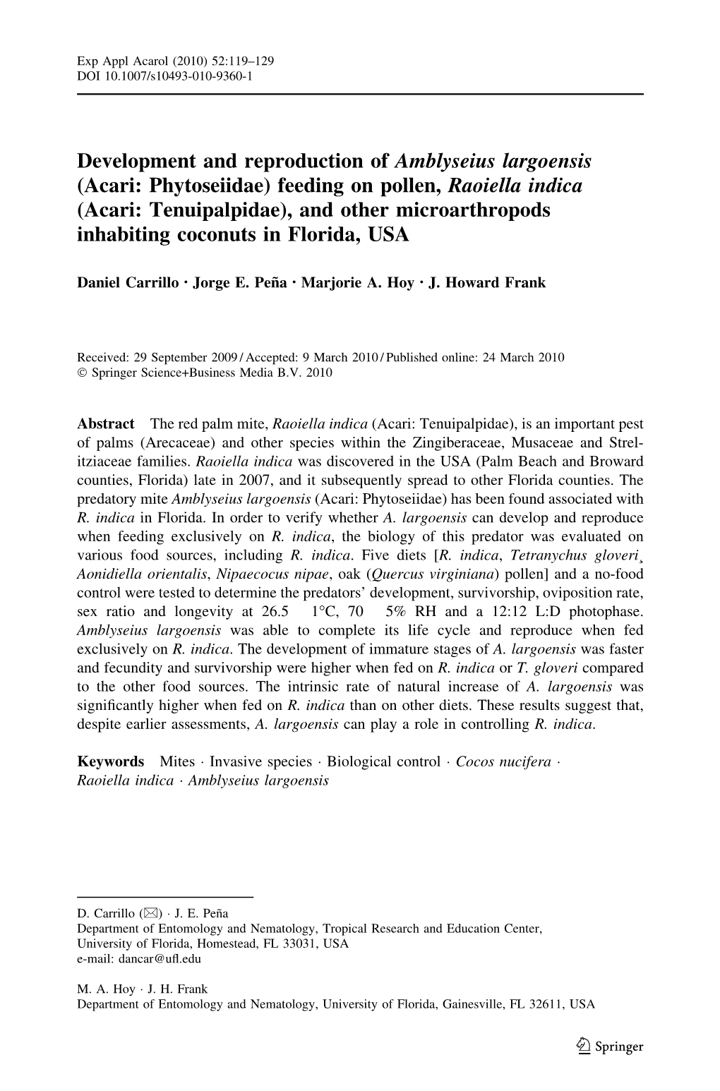 Development and Reproduction of Amblyseius Largoensis (Acari