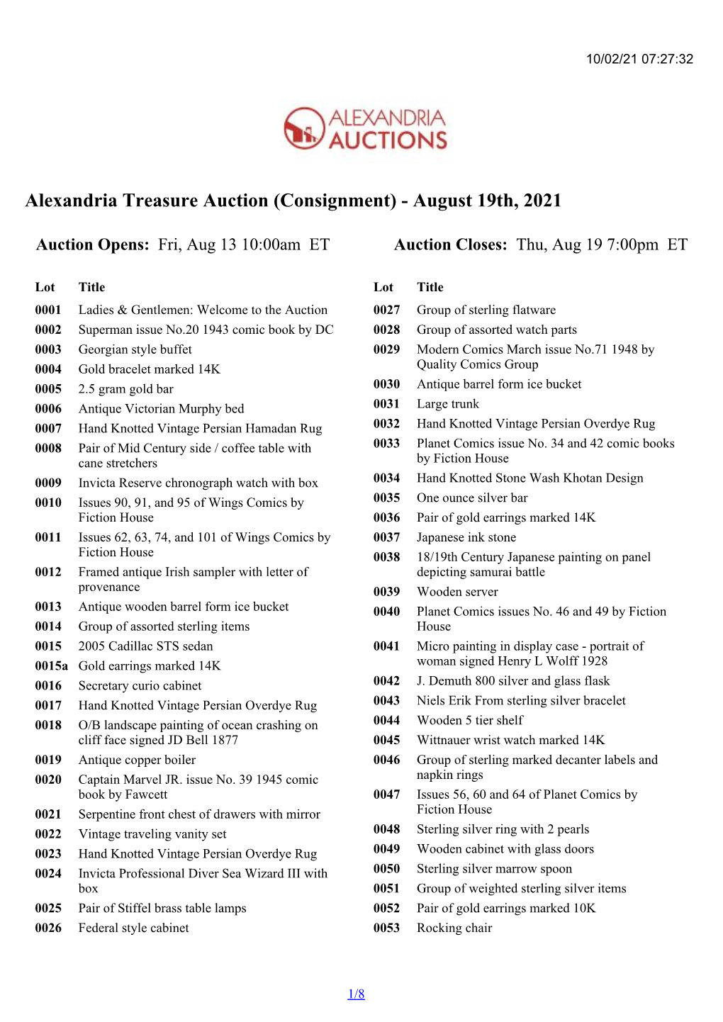 Alexandria Treasure Auction (Consignment) - August 19Th, 2021