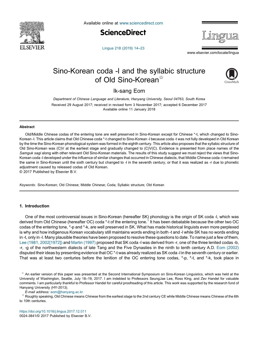 Sino-Korean Coda -L and the Syllabic Structure