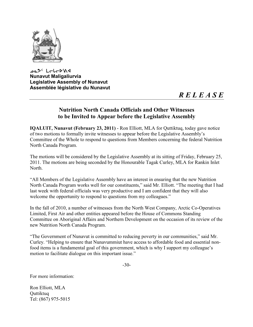 Nutrition North Canada Officials and Other Witnesses to Be Invited to Appear Before the Legislative Assembly