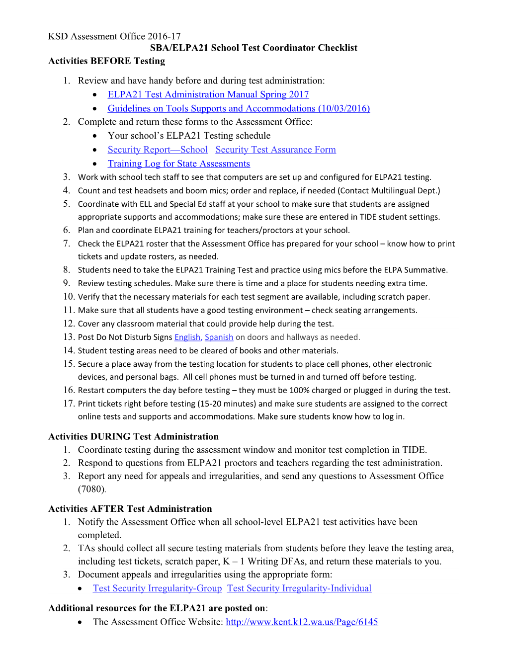 SBA/ELPA21 School Test Coordinator Checklist