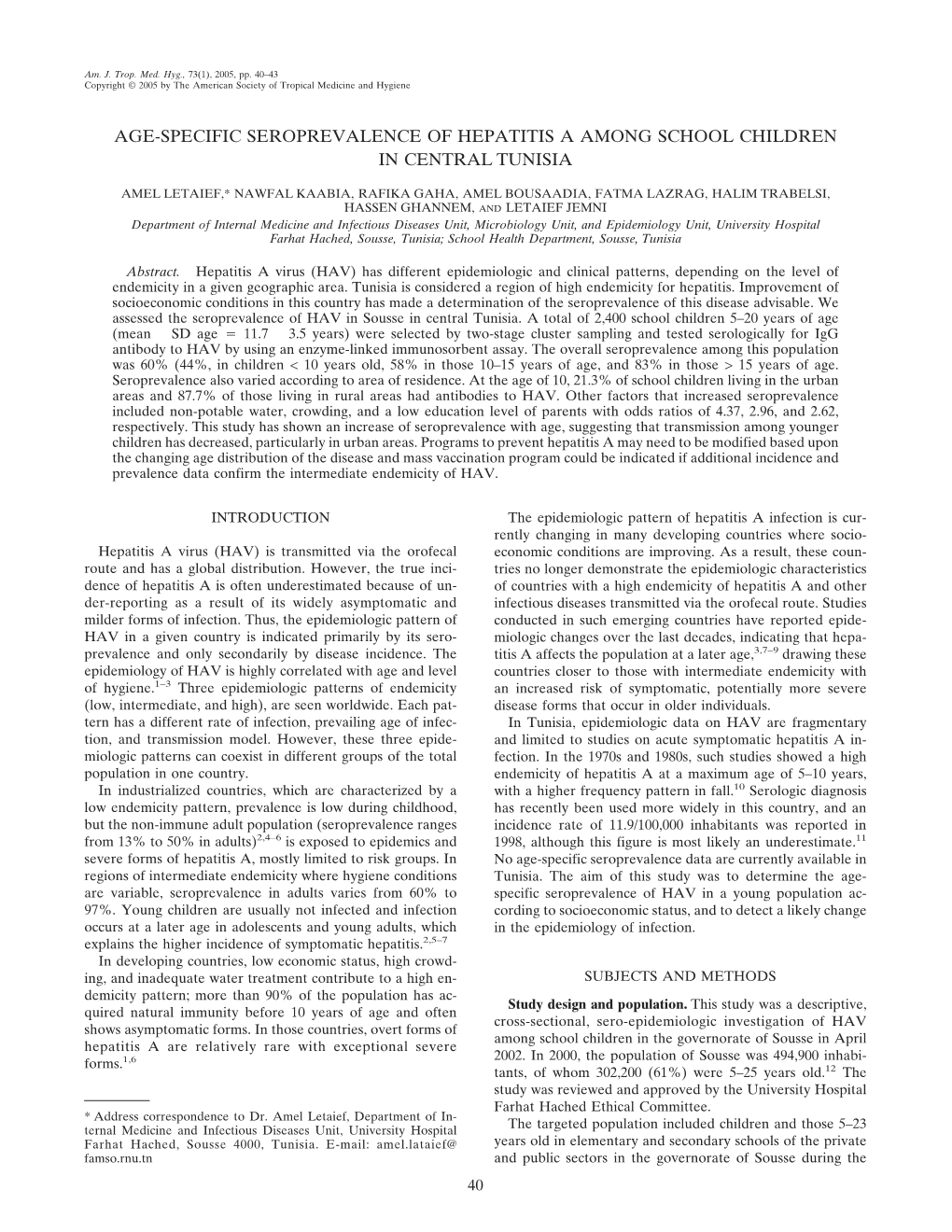 Age-Specific Seroprevalence of Hepatitis a Among School Children in Central Tunisia