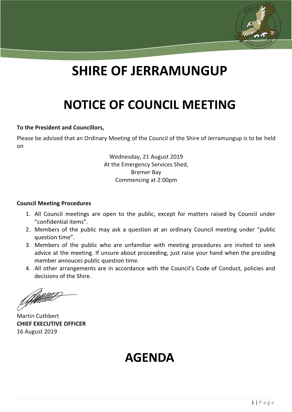 21 August 2019 Shire of Jerramungup